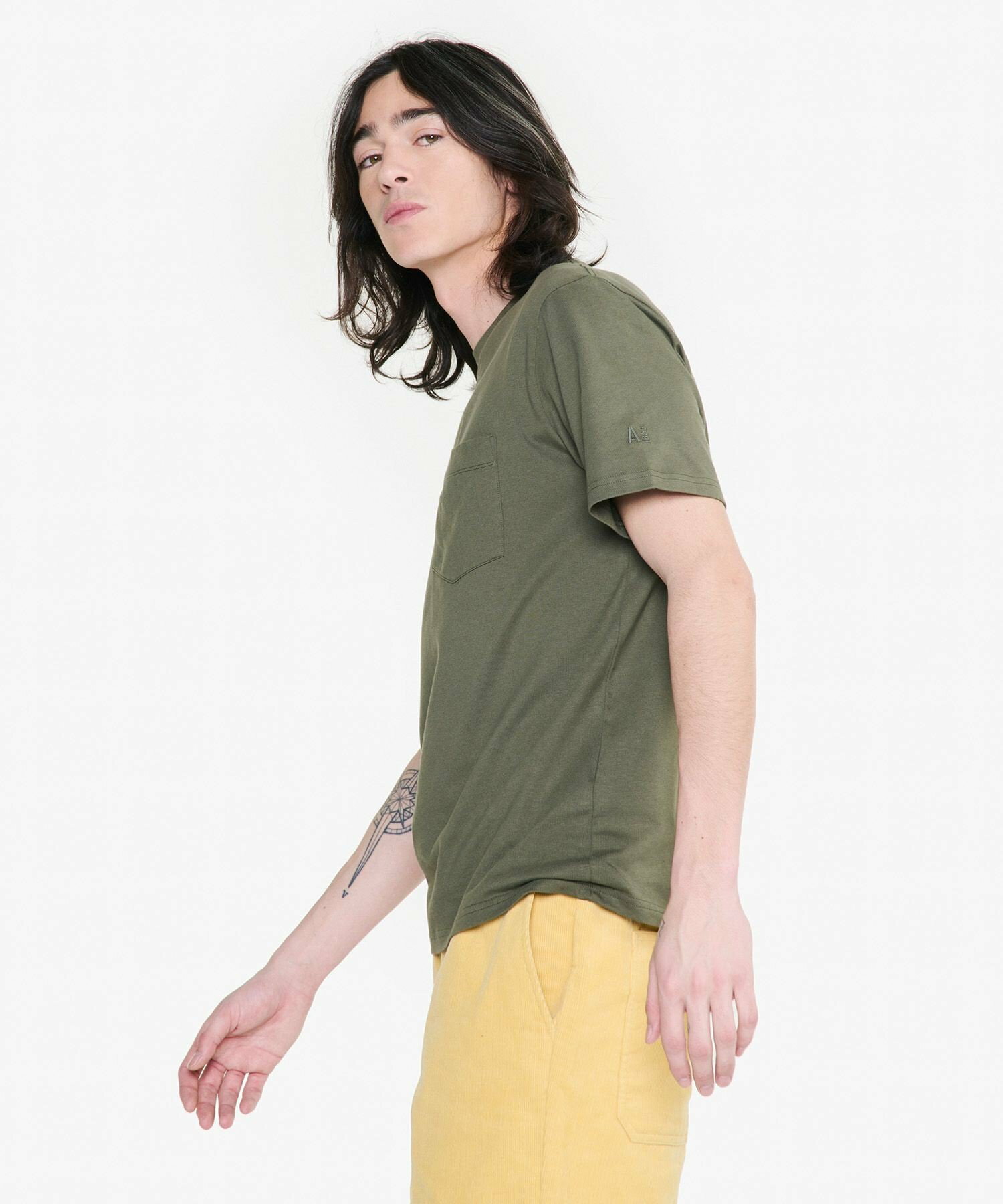 オーガニックコットン ワンポイント刺繍ロゴ クルーネックポケット半袖Tシャツ